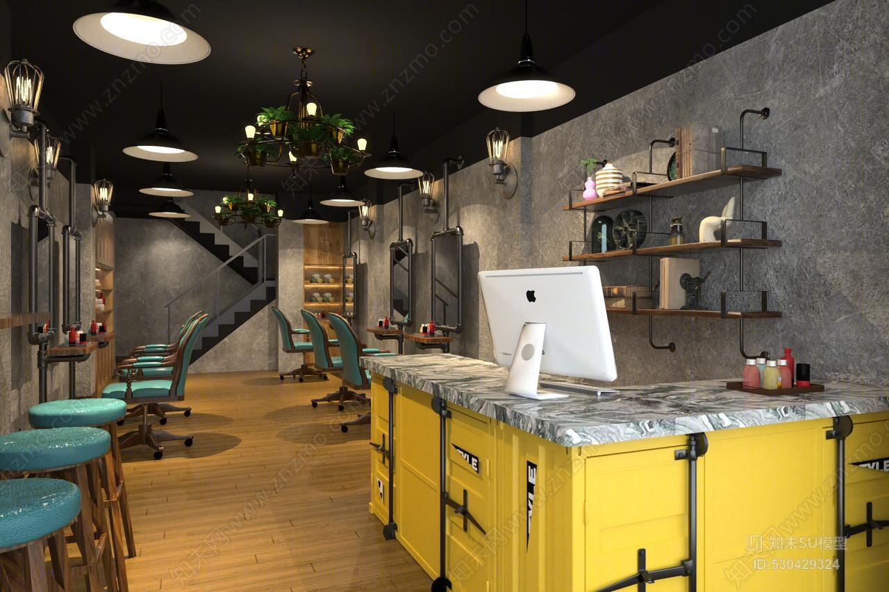LOFT工业理发店美容院餐厅SU模型下载【ID:530429324】