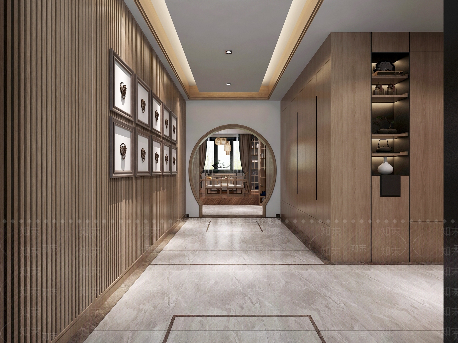 新中式过道墙面造型3D模型下载【ID:232237798】