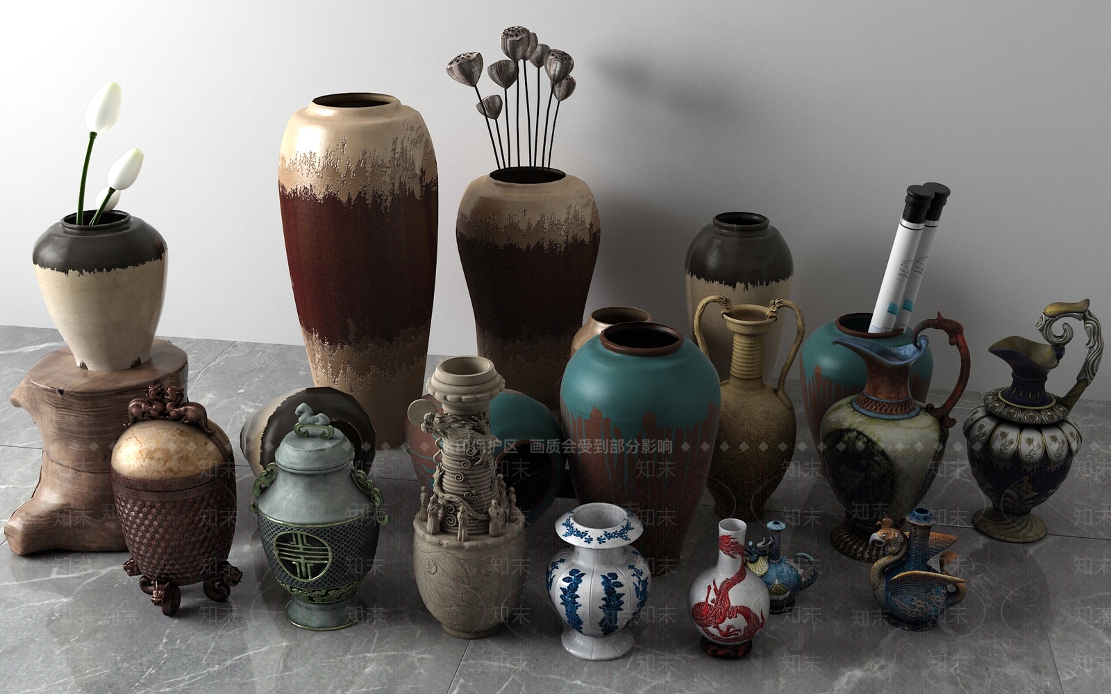 中式陶瓷花瓶3D模型下载【ID:633935621】