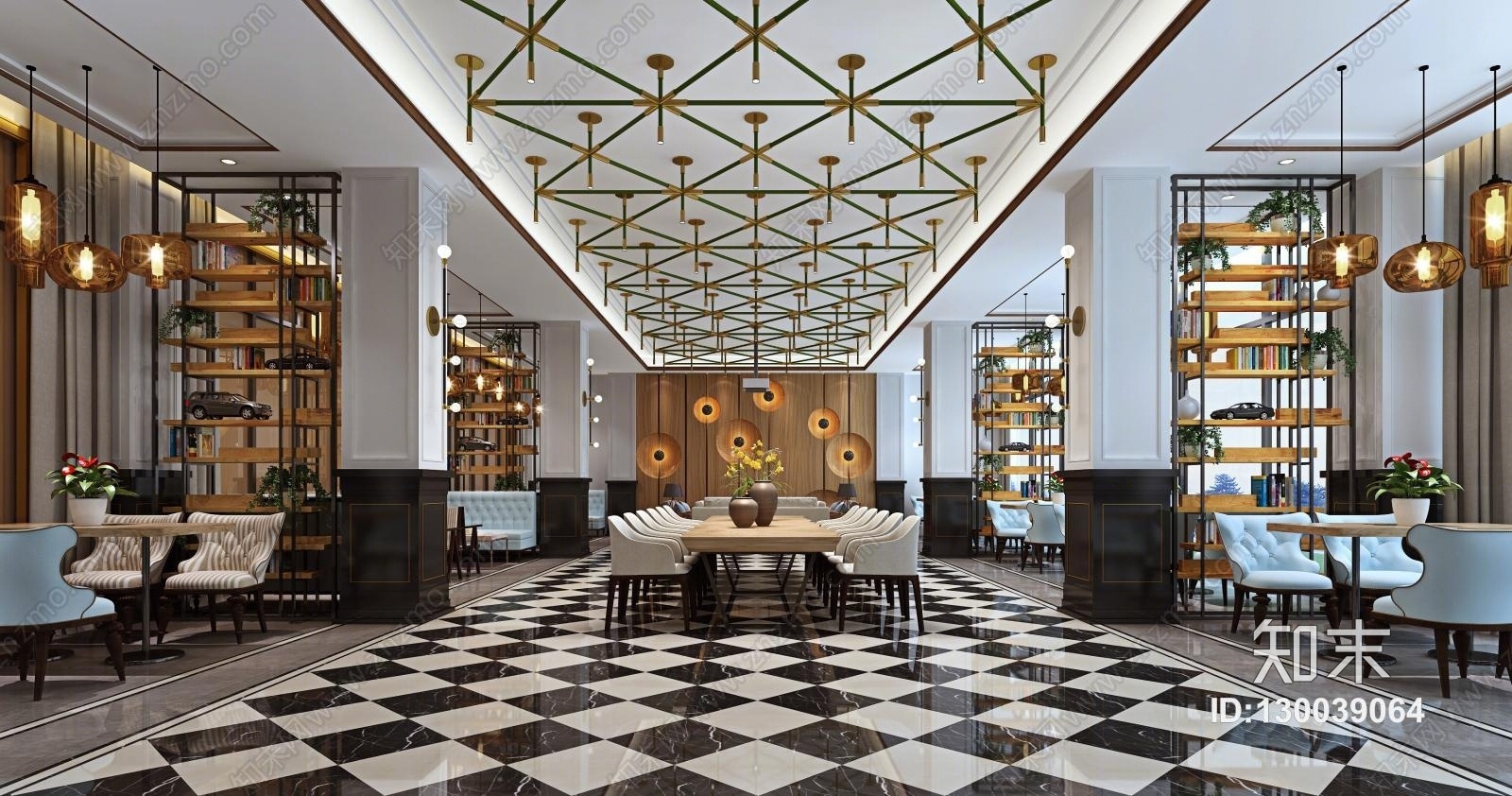 现代咖啡厅桌椅组合壁灯3D模型下载【ID:130039064】
