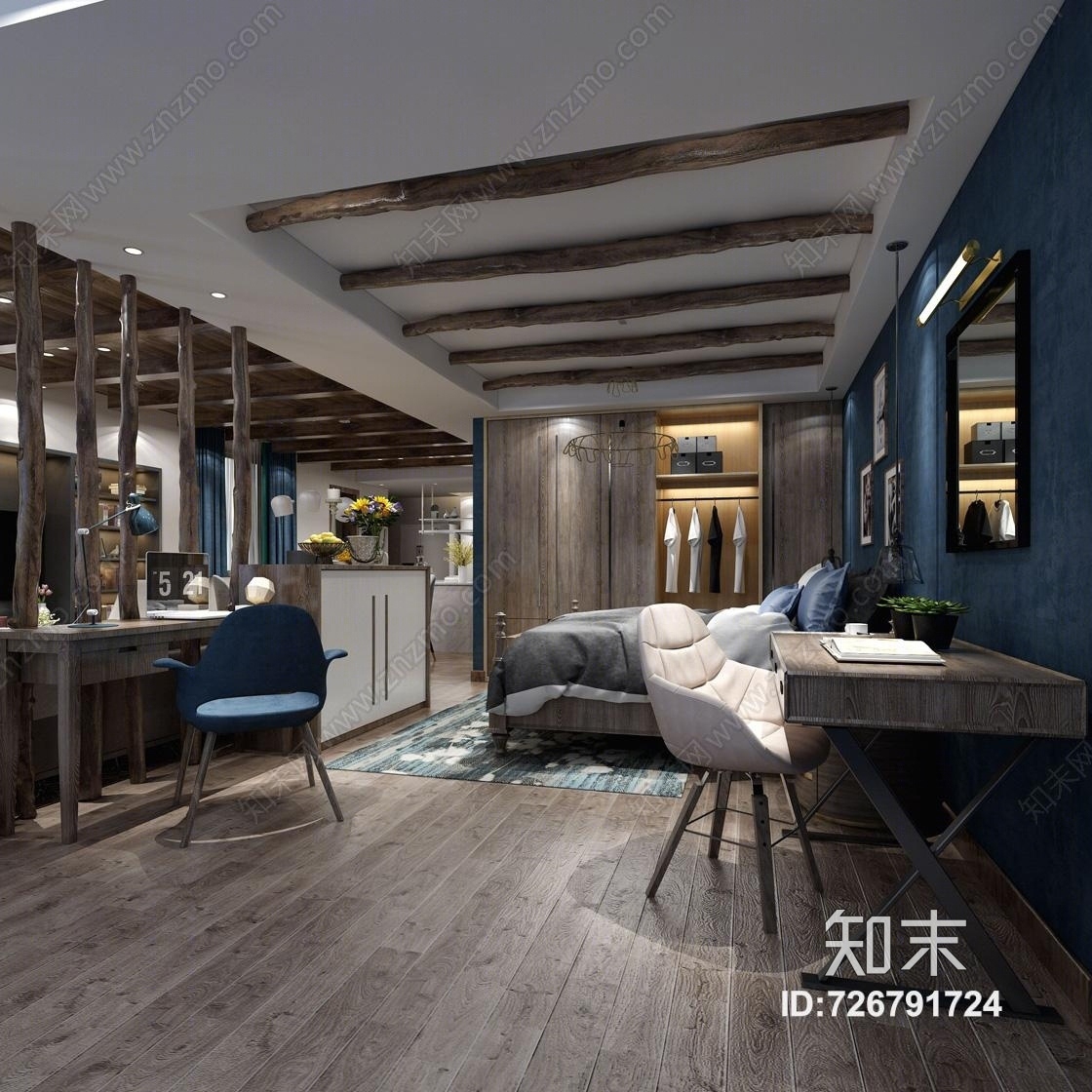 现代复古风格客厅卧室吊顶3D模型下载【ID:726791724】