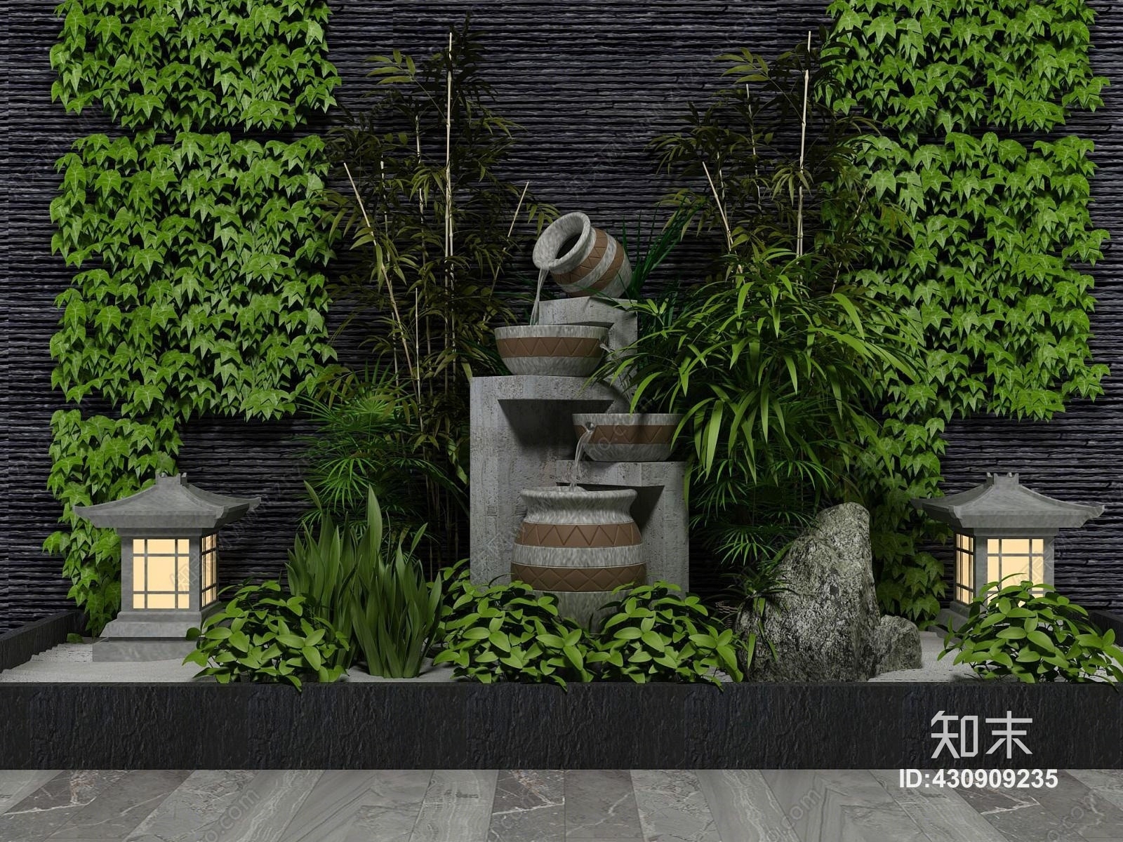 新中式园艺小品绿植水景3D模型下载【ID:430909235】