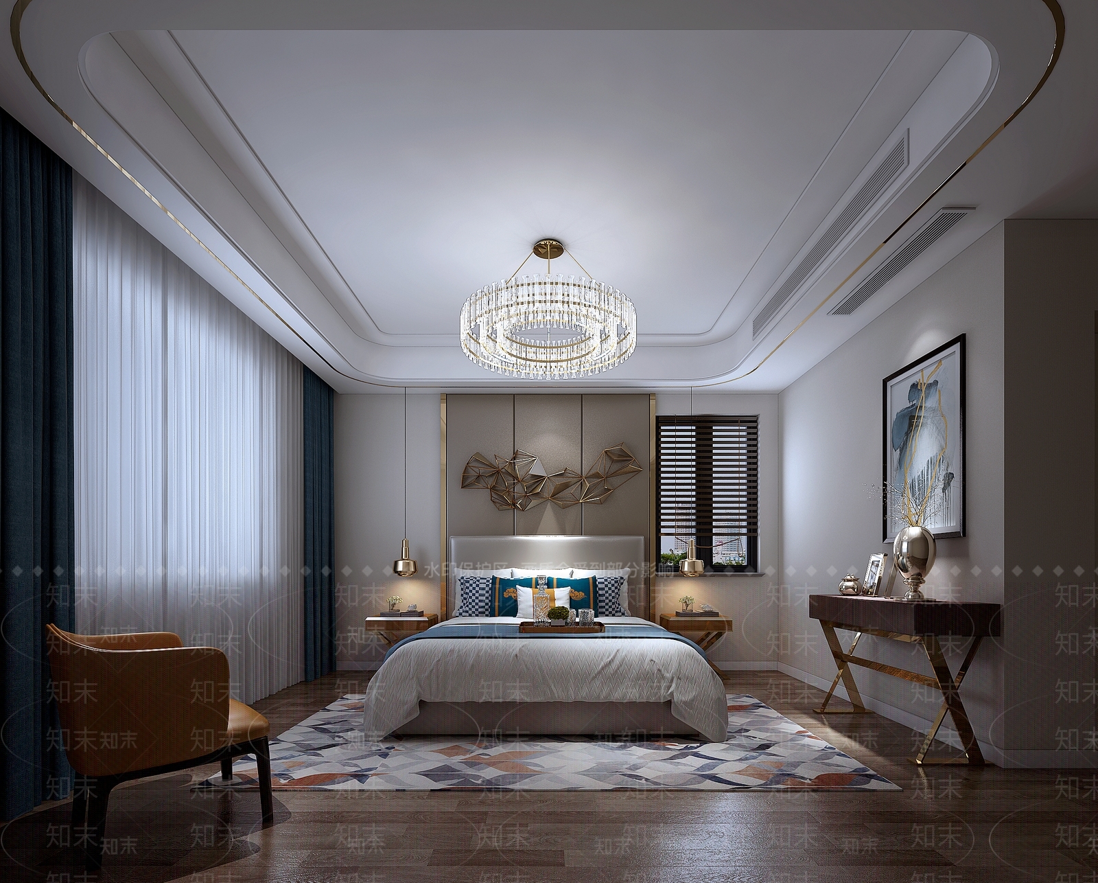 后现代轻奢卧室床吊灯装饰品装饰画地毯休闲椅书桌3D模型下载【ID:432509384】