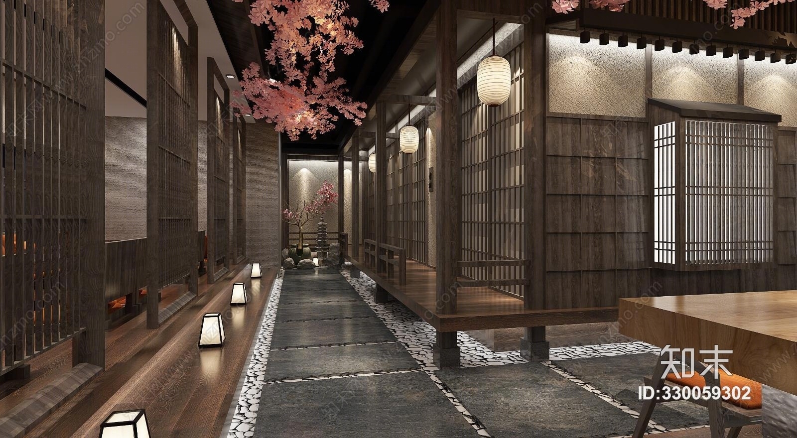 日式餐厅走廊过道樱花灯笼3D模型下载【ID:330059302】
