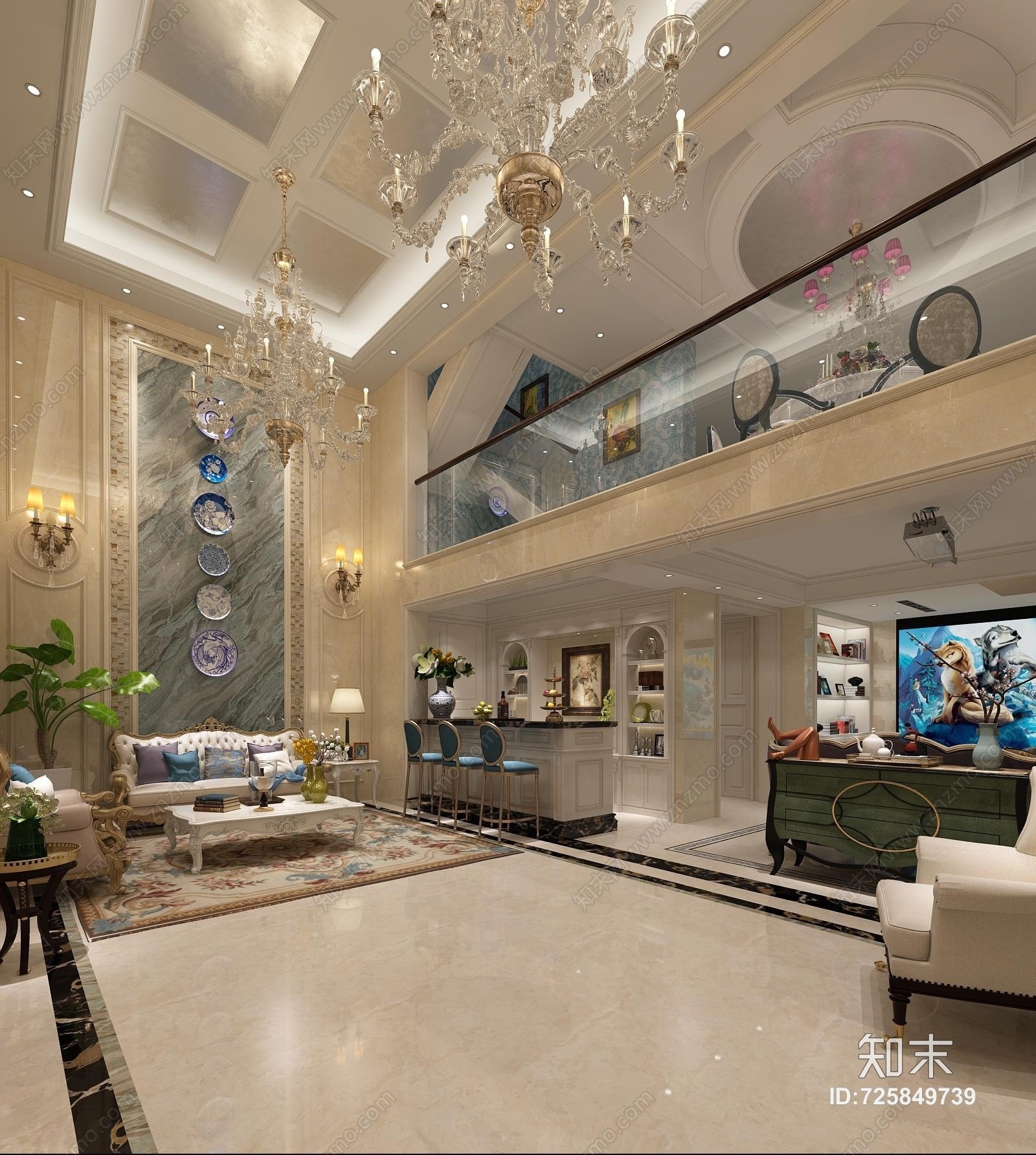 简欧挑空复式客厅3D模型下载【ID:725849739】