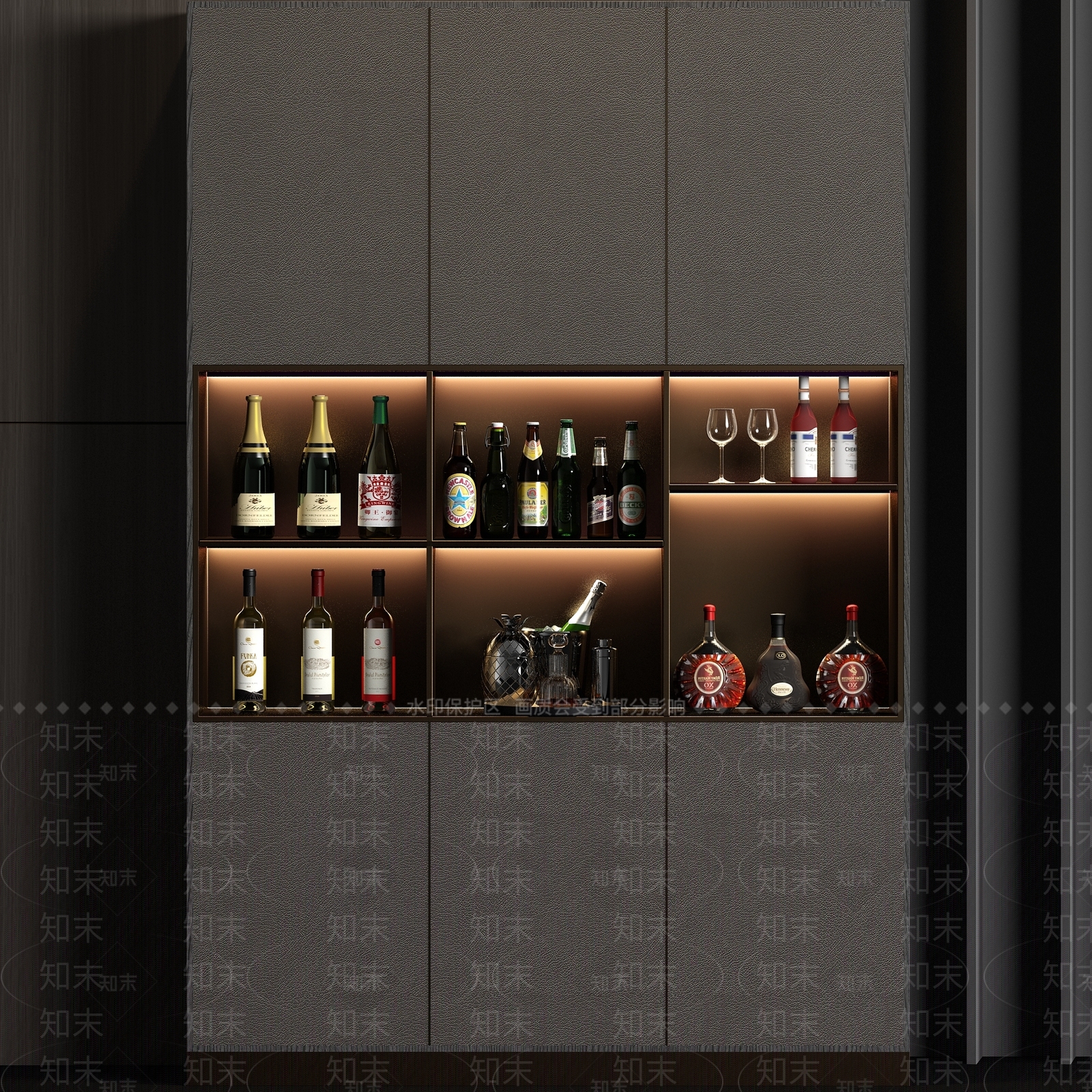 现代皮革酒柜酒瓶饰品组合3D模型下载【ID:932197097】