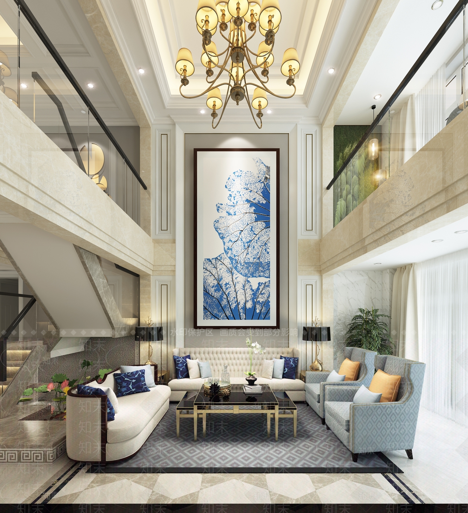 简欧别墅客厅餐厅玄关厨房休闲区书房阳台楼梯间沙发餐桌椅吊灯挂画贵妃椅休闲椅3D模型下载【ID:732505817】