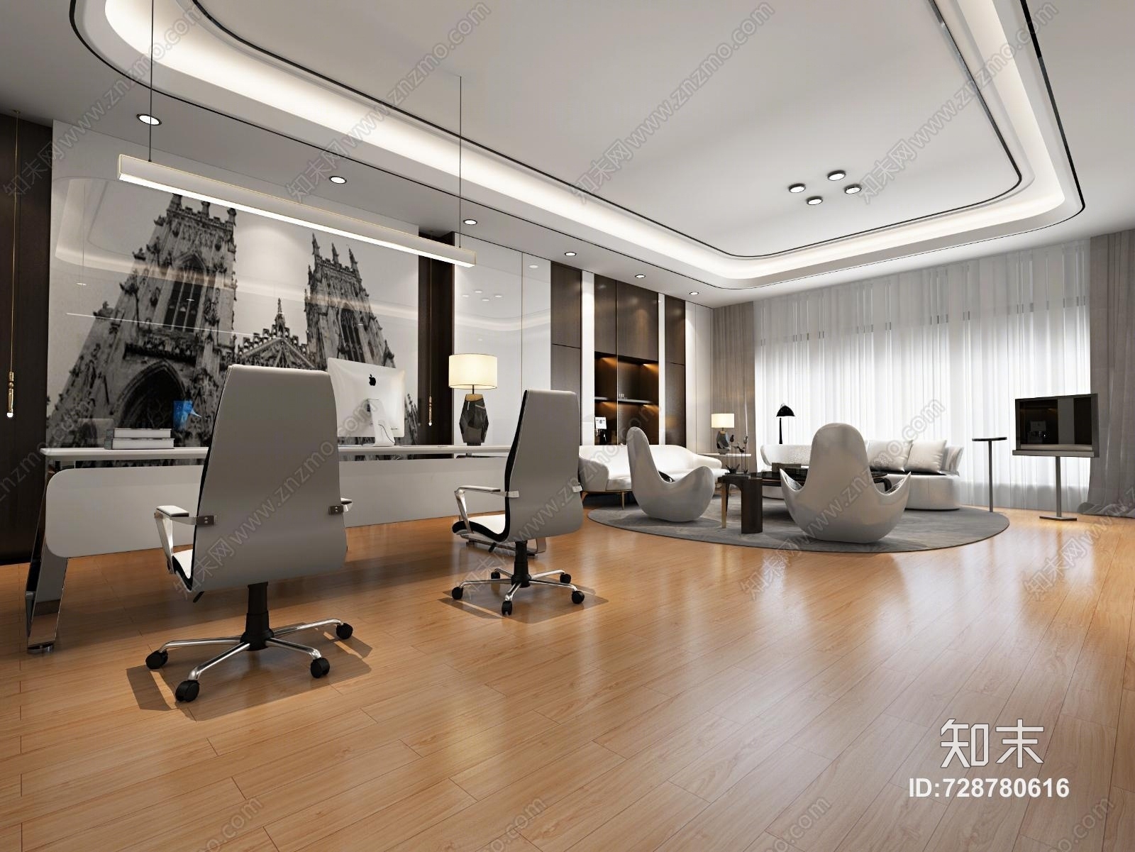 现代后现代奢华经理董事长办公室沙发组合3D模型下载【ID:728780616】