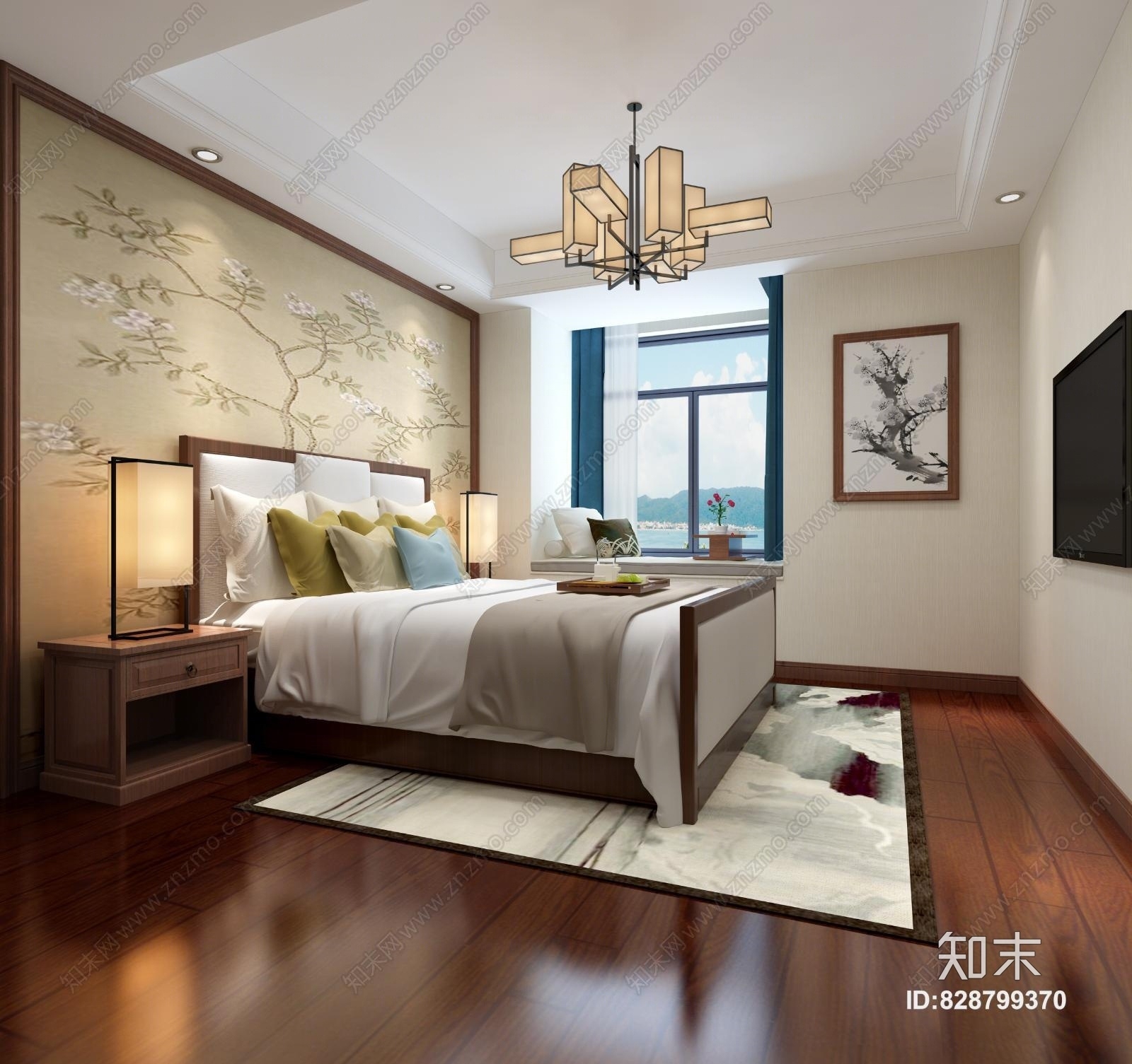 新中式卧室墨梅画桃花背景3D模型下载【ID:828799370】