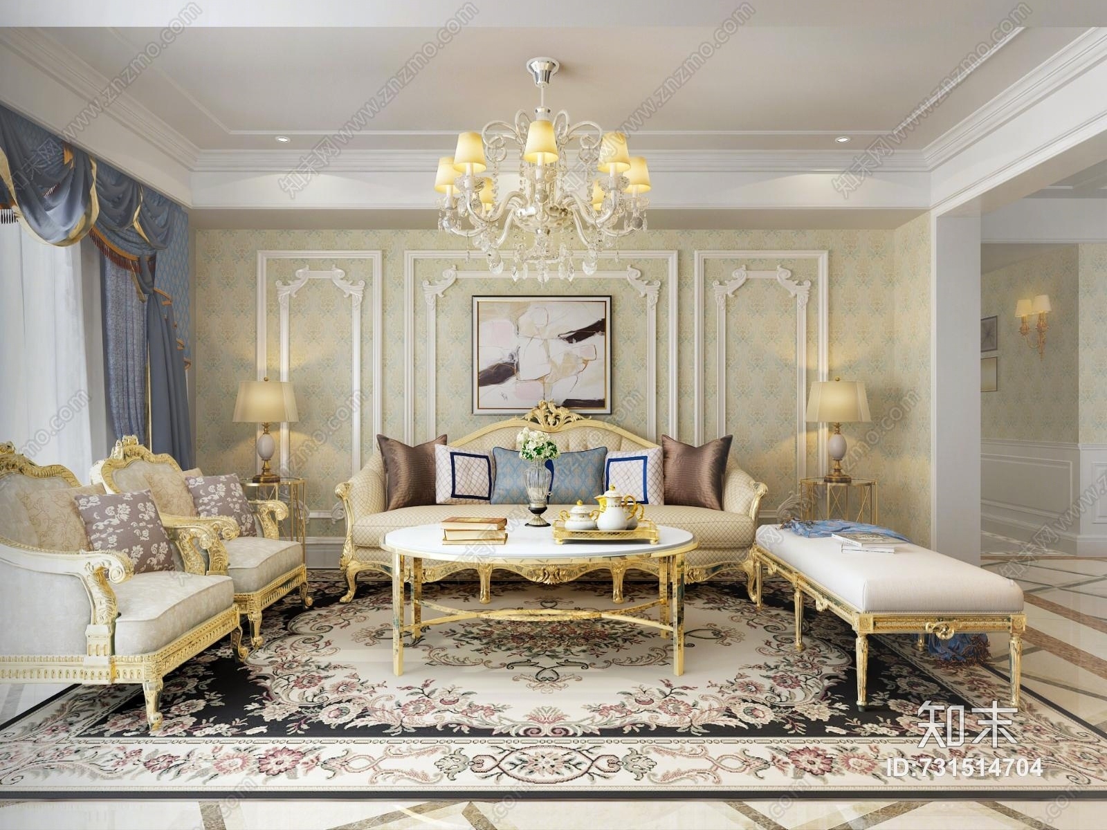 欧式古典欧式客厅沙发茶几吊顶组合3D模型下载【ID:731514704】