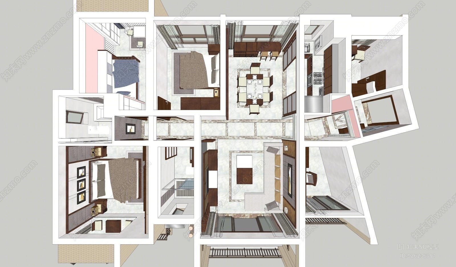 欧式简约精美室内家装模型SU模型下载【ID:926236801】