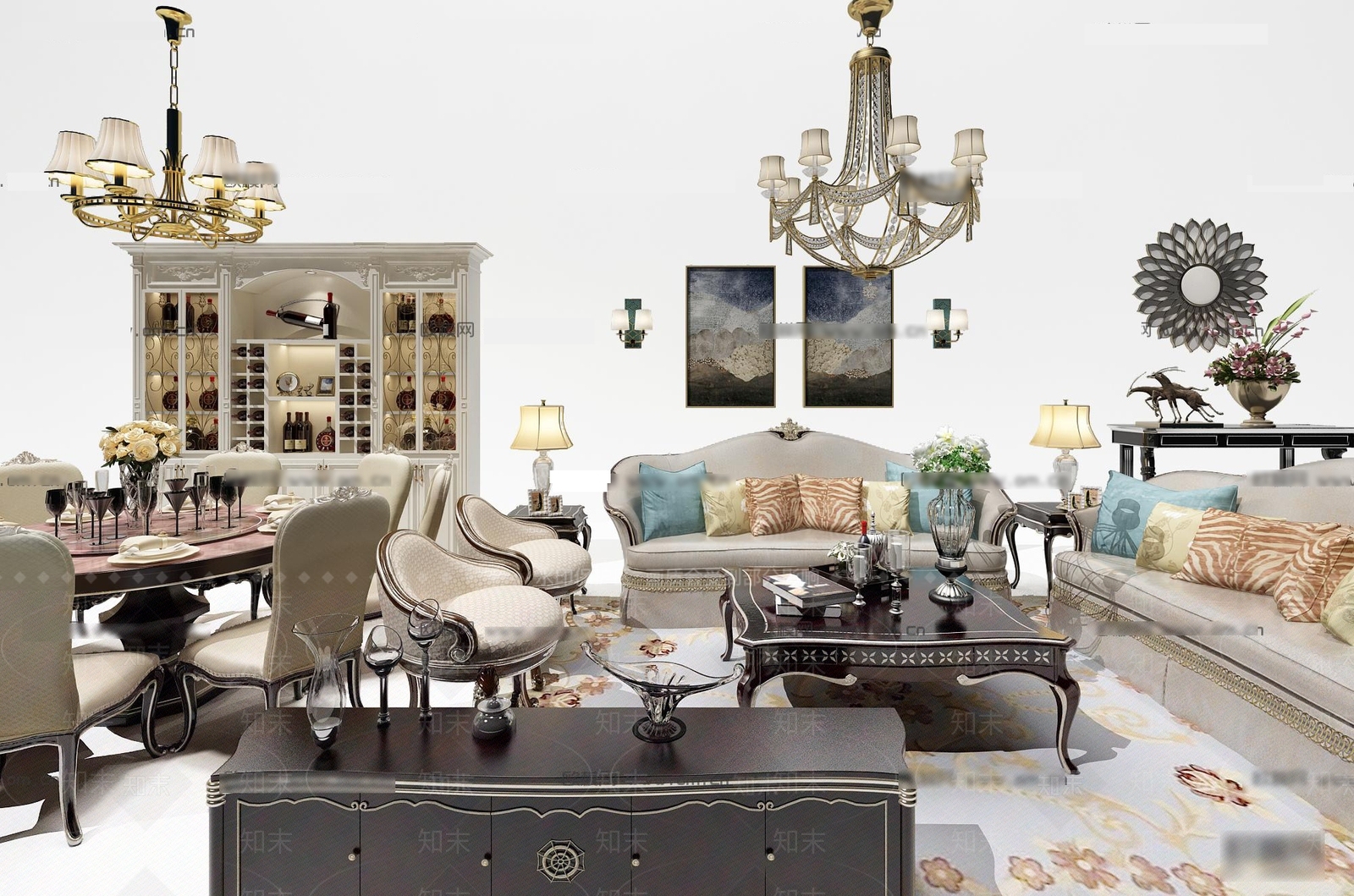 欧式古典客厅沙发茶几组合3D模型下载【ID:334930363】