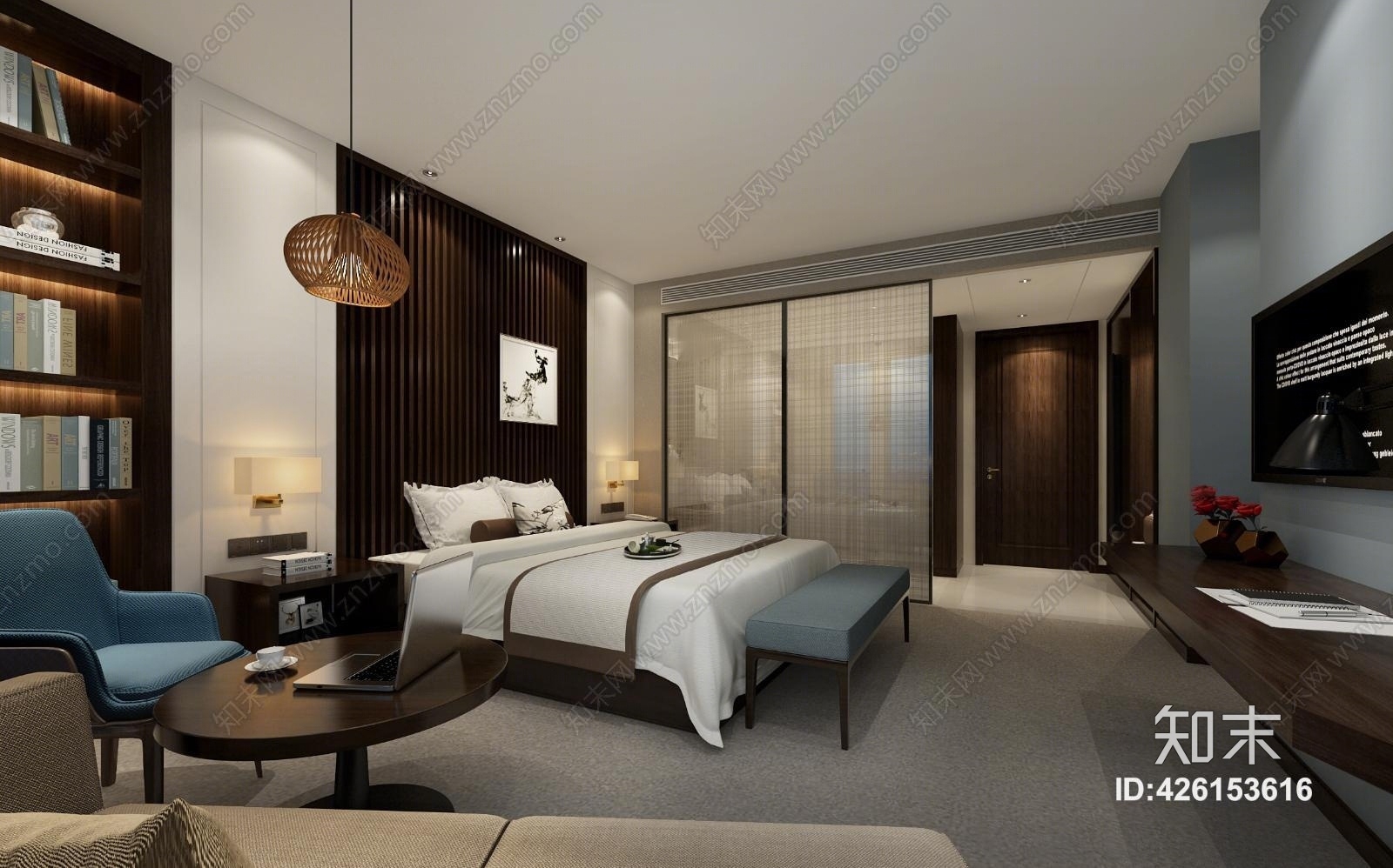 新中式现代酒店客房床椅子组合3D模型下载【ID:426153616】