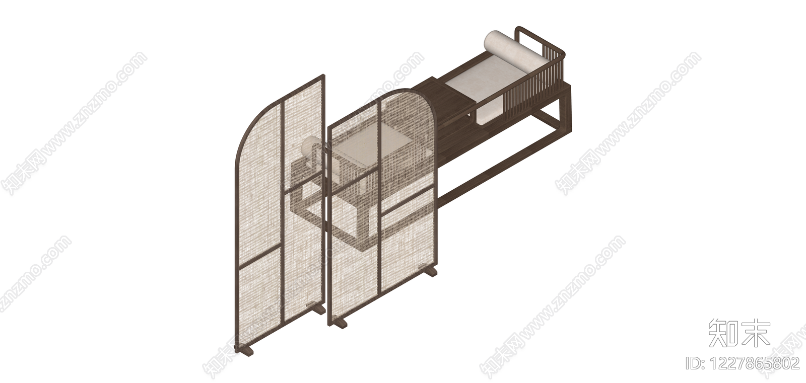 新中式罗汉床与屏风组合SU模型下载【ID:1227865802】