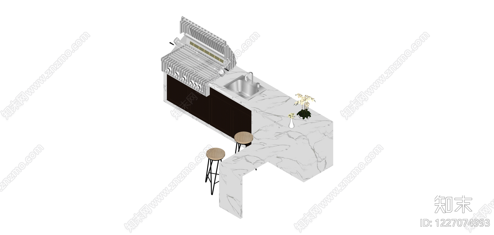 L型大理石吧台组合SU模型下载【ID:1227074993】