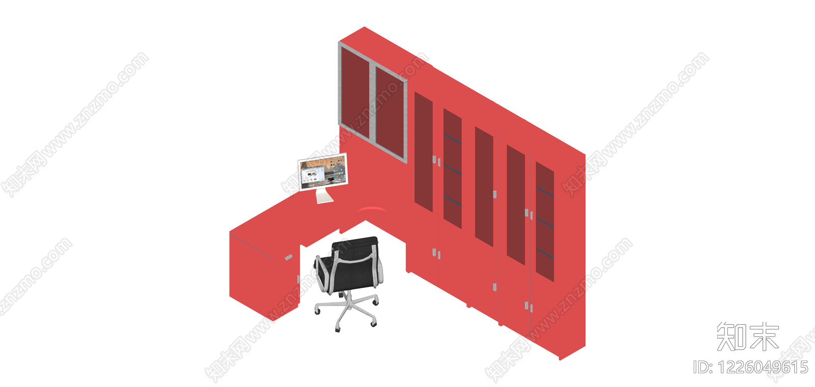 红色L型办公桌柜组合SU模型下载【ID:1226049615】