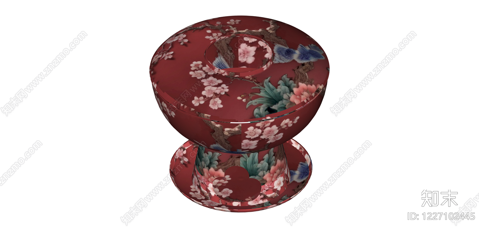 红色花鸟纹高足盖碗SU模型下载【ID:1227102445】