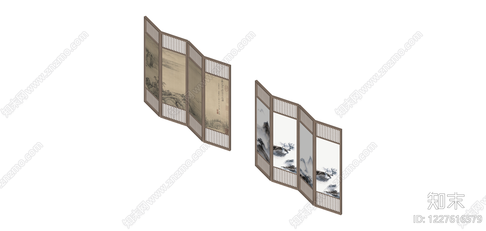 四折新中式山水屏风SU模型下载【ID:1227616579】