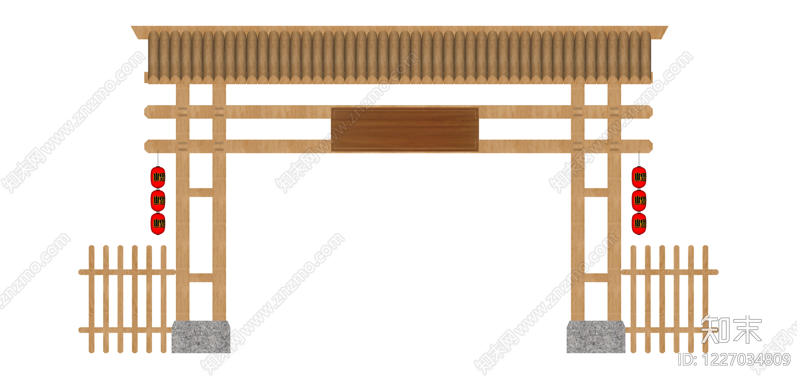 带围栏灯笼木质门楼SU模型下载【ID:1227034809】