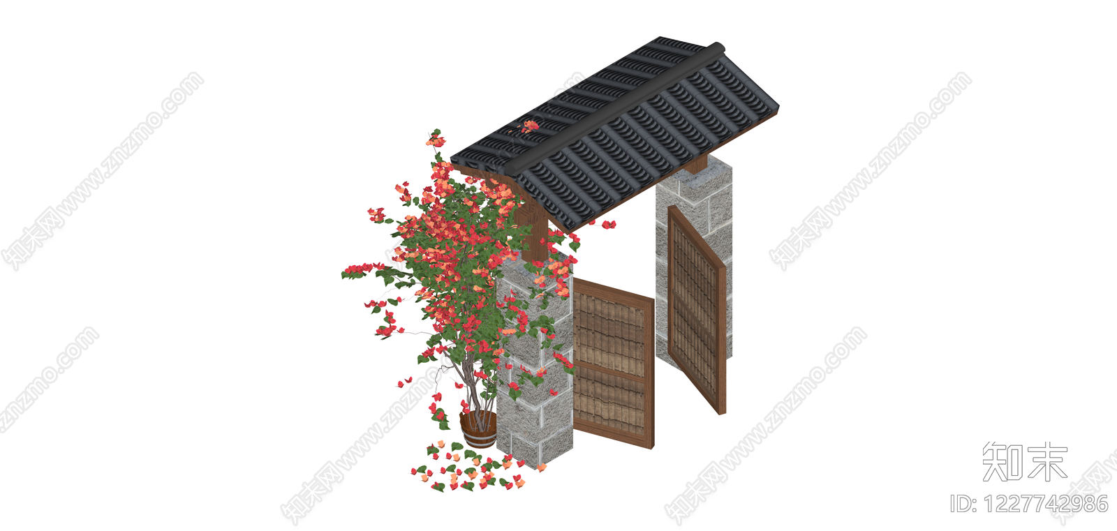 日式石墙木门花架SU模型下载【ID:1227742986】