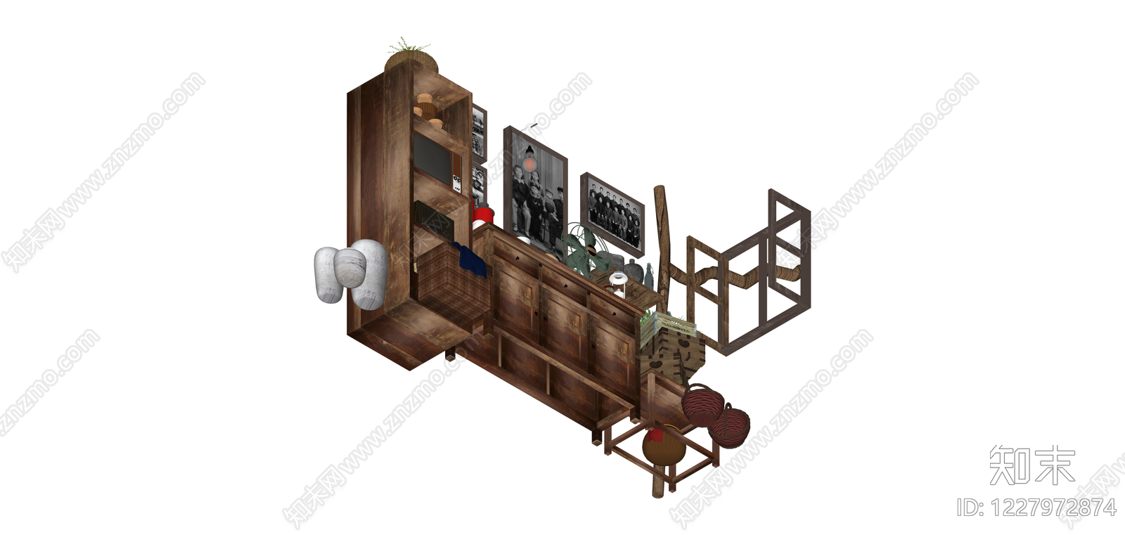 复古风格家具与杂物组合SU模型下载【ID:1227972874】