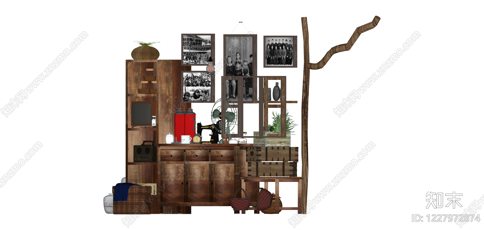 复古风格家具与杂物组合SU模型下载【ID:1227972874】