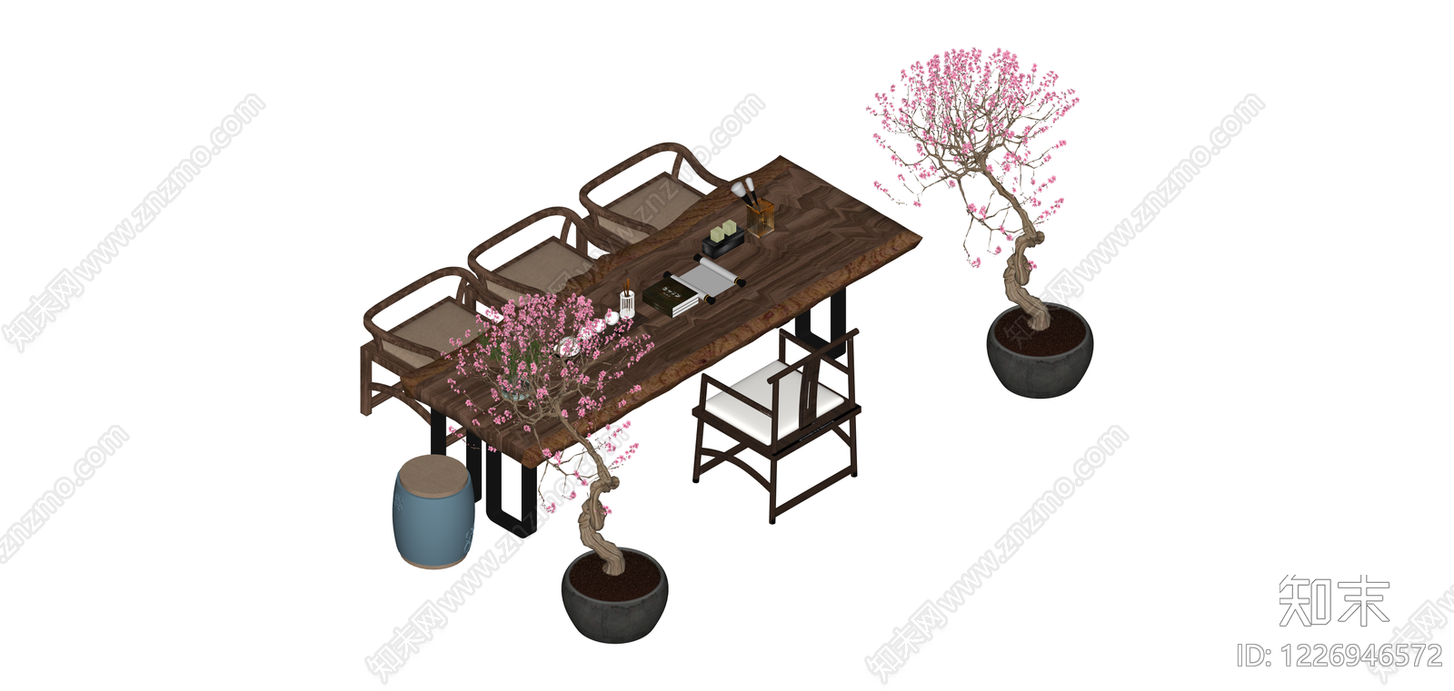 新中式茶桌盆栽组合SU模型下载【ID:1226946572】
