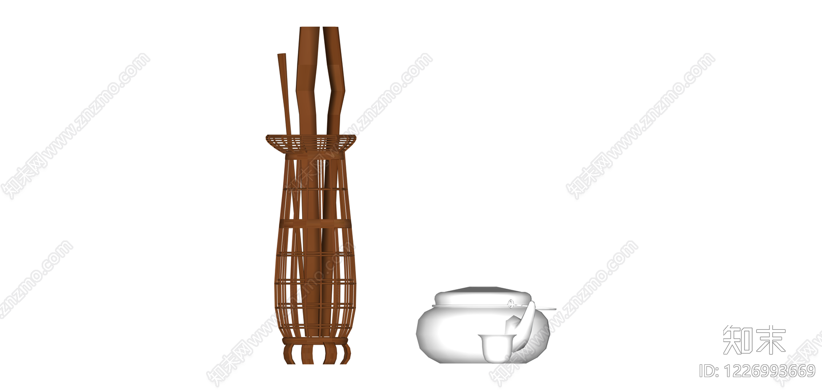 竹编茶篓与茶具组合SU模型下载【ID:1226993669】
