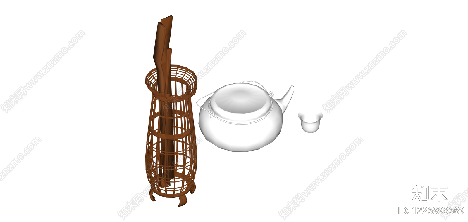 竹编茶篓与茶具组合SU模型下载【ID:1226993669】