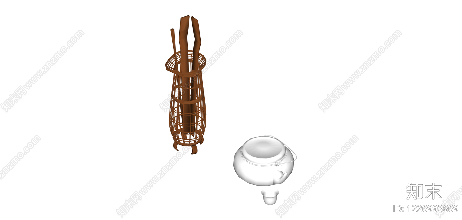 竹编茶篓与茶具组合SU模型下载【ID:1226993669】