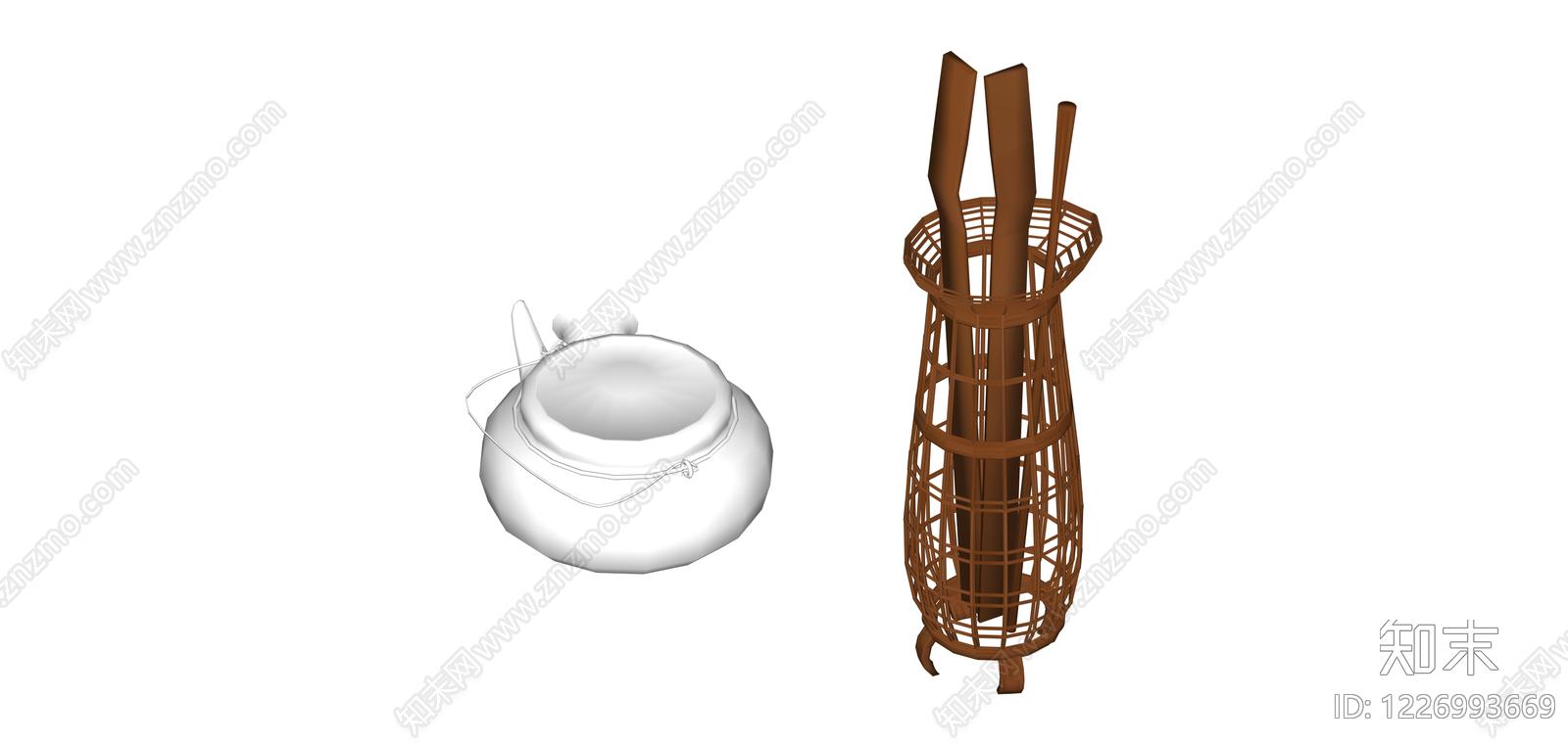 竹编茶篓与茶具组合SU模型下载【ID:1226993669】