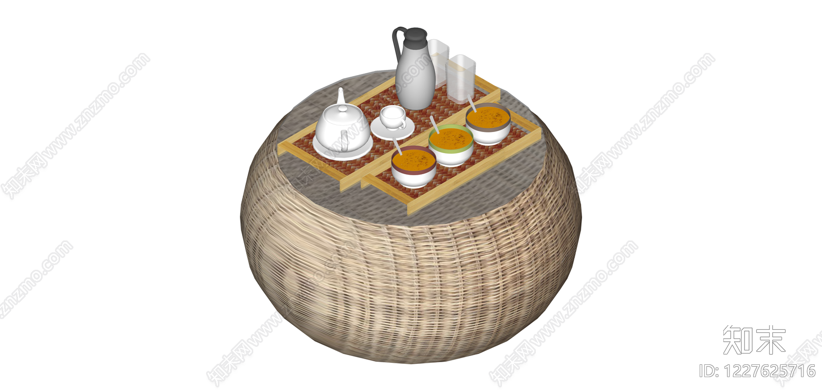 藤编圆凳茶盘组合SU模型下载【ID:1227625716】