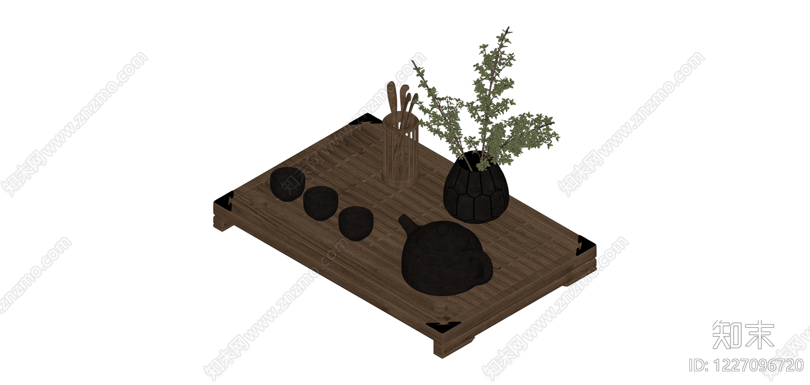 中式茶具花艺组合SU模型下载【ID:1227096720】