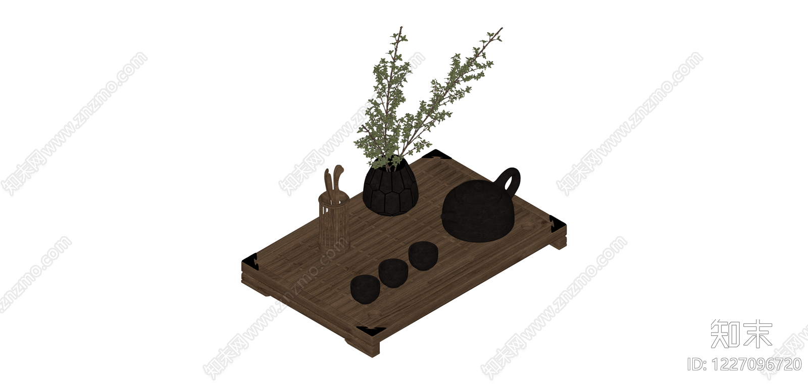 中式茶具花艺组合SU模型下载【ID:1227096720】