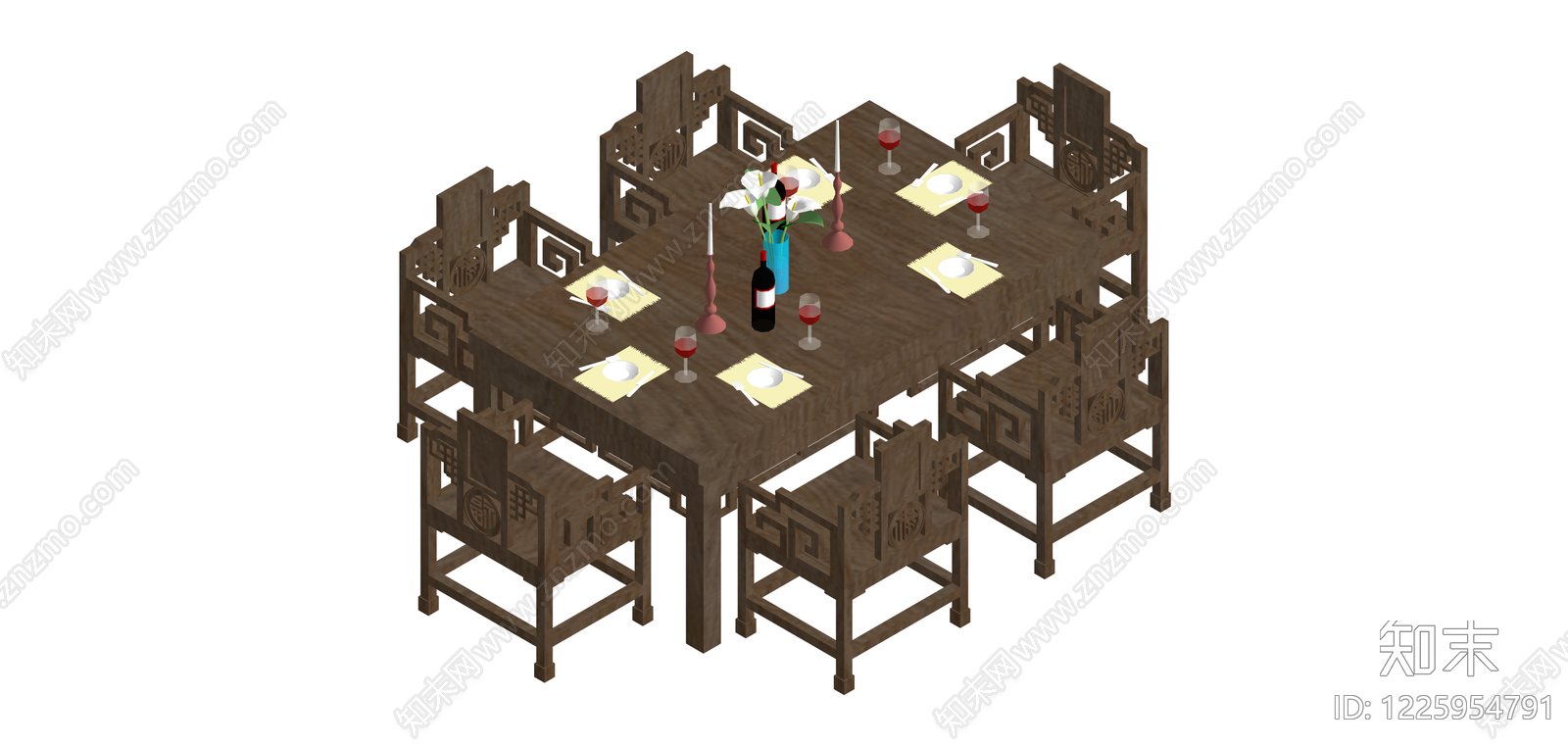 中式实木餐桌椅组合SU模型下载【ID:1225954791】
