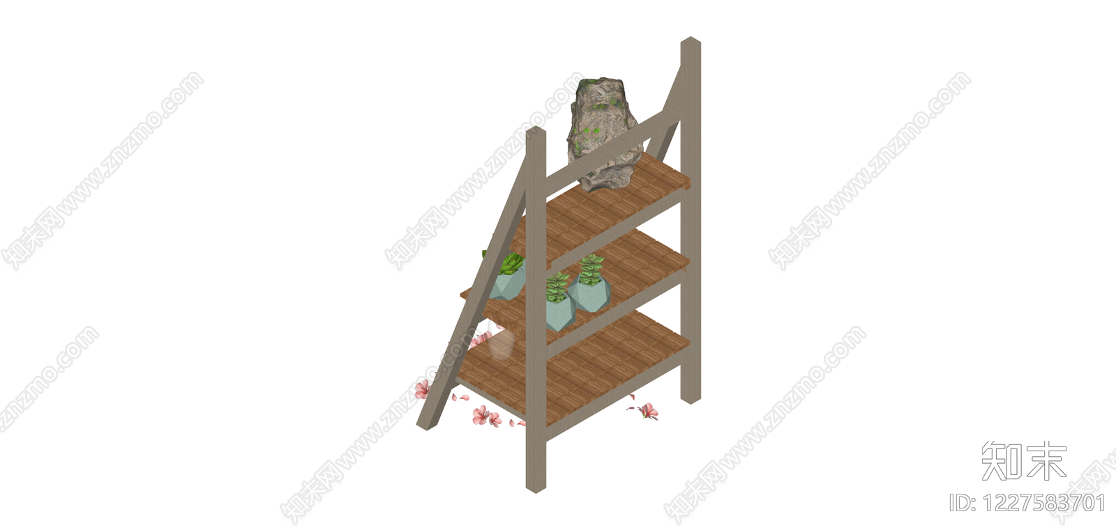 带盆栽摆件的梯形置物架SU模型下载【ID:1227583701】