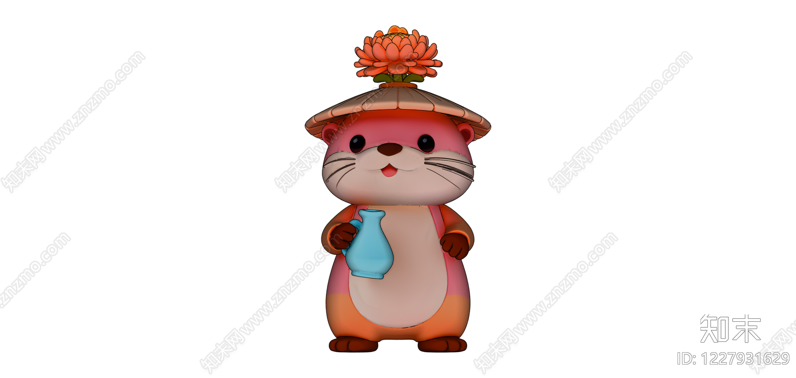 戴斗笠持瓶水獭雕塑SU模型下载【ID:1227931629】