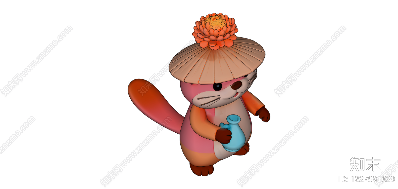 戴斗笠持瓶水獭雕塑SU模型下载【ID:1227931629】