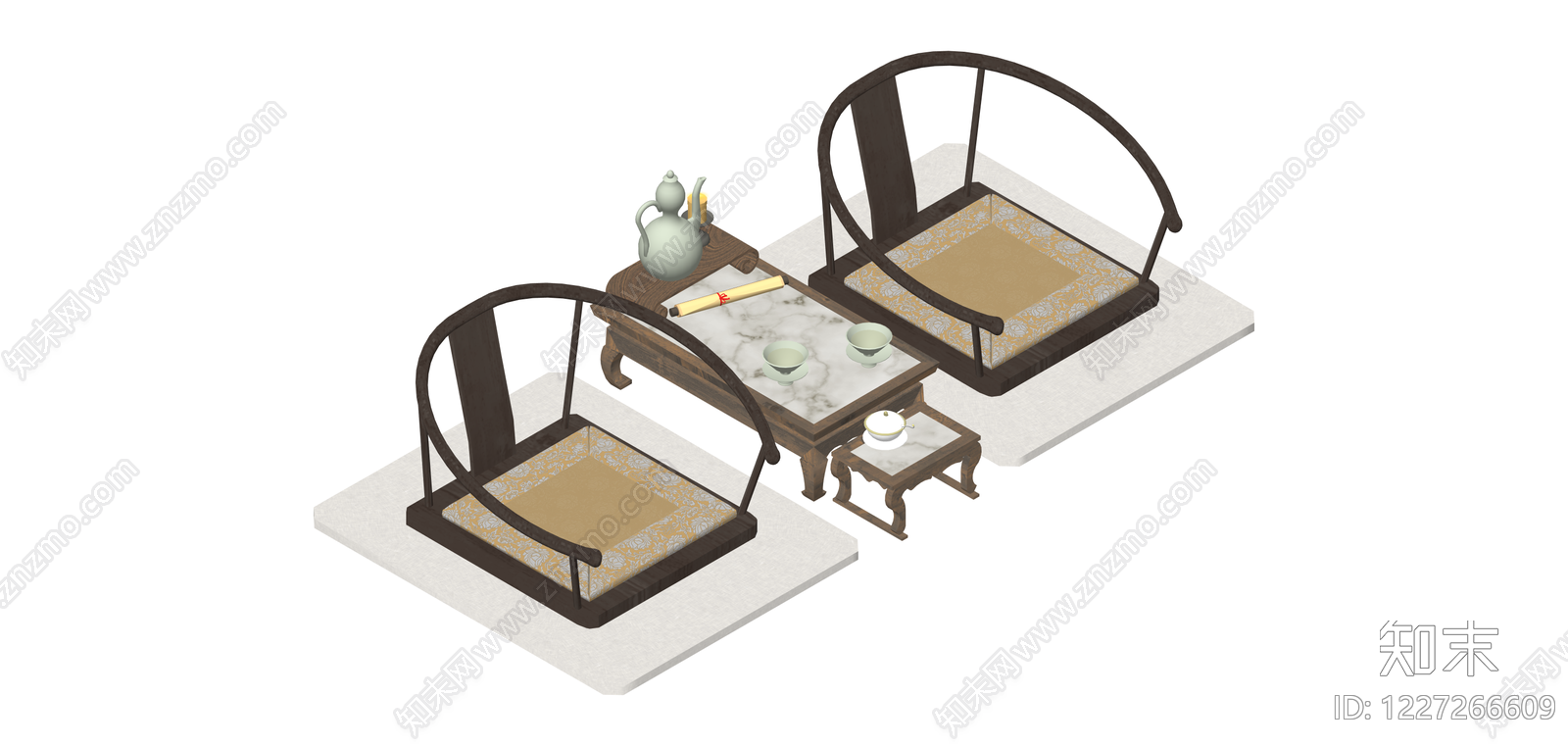 中式圈椅茶几茶壶组合SU模型下载【ID:1227266609】
