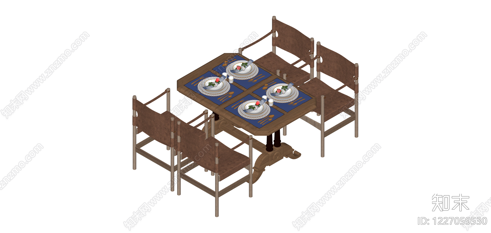 实木餐桌椅组合SU模型下载【ID:1227059530】