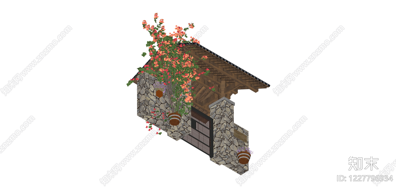 石墙黑瓦景观门楼SU模型下载【ID:1227796934】