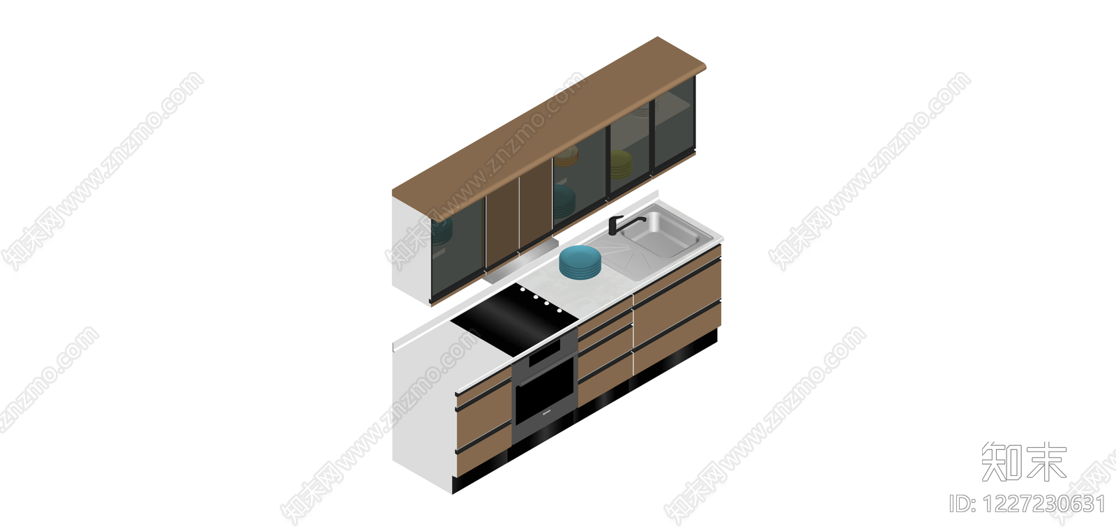 现代整体厨房橱柜组合SU模型下载【ID:1227230631】