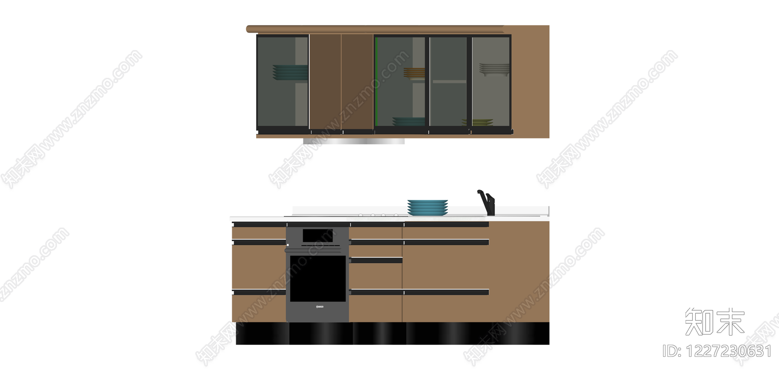现代整体厨房橱柜组合SU模型下载【ID:1227230631】