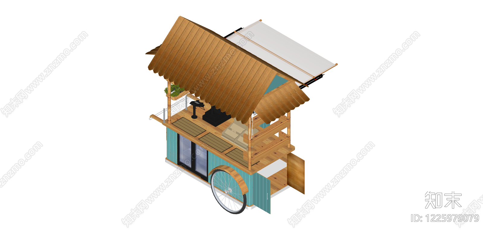蓝木配色移动咖啡车SU模型下载【ID:1225979079】