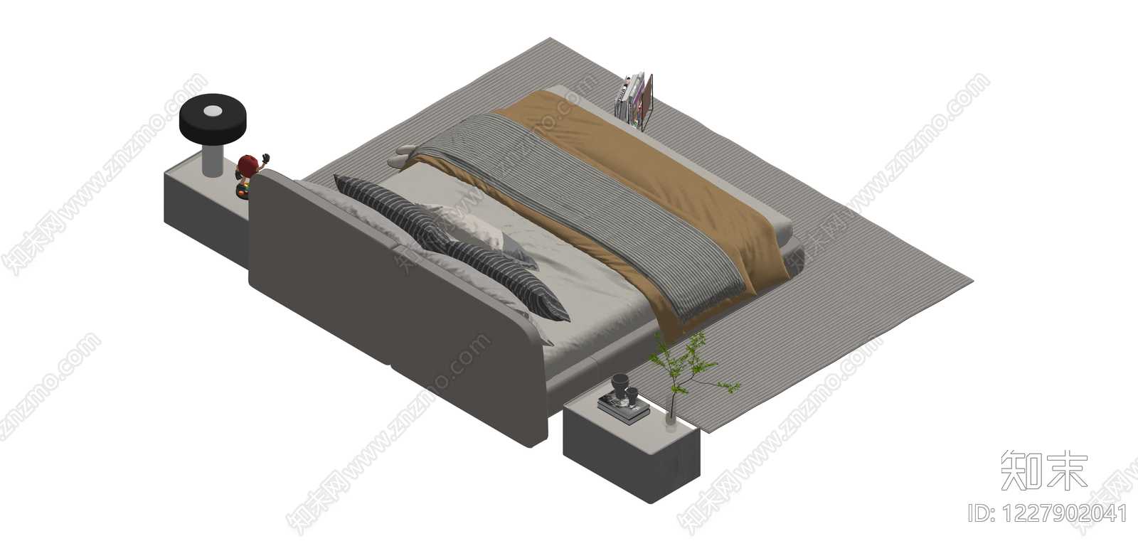 现代双人床及床头柜组合SU模型下载【ID:1227902041】