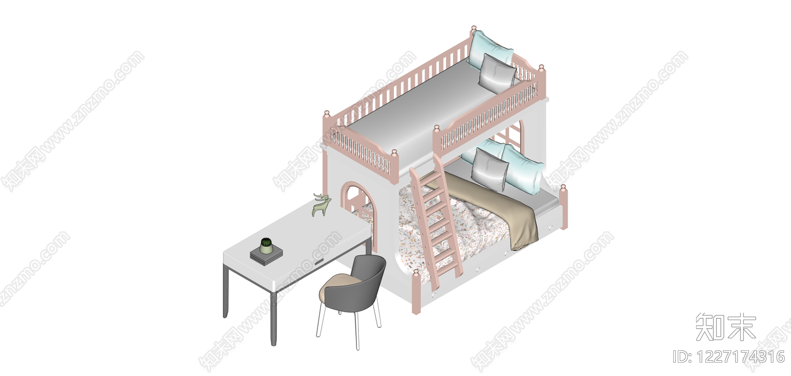 粉色儿童城堡高低床SU模型下载【ID:1227174316】