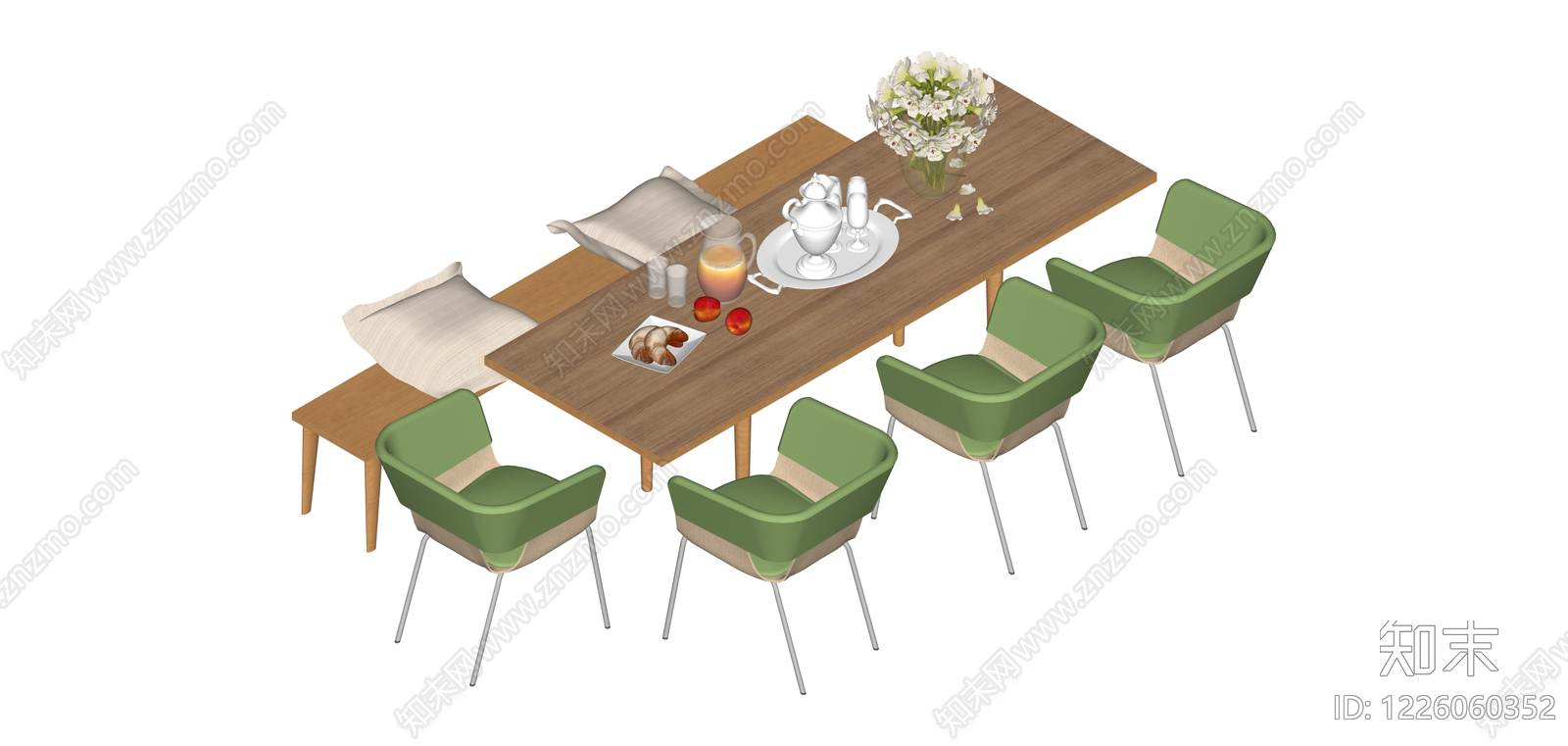 绿色布艺餐桌椅组合SU模型下载【ID:1226060352】