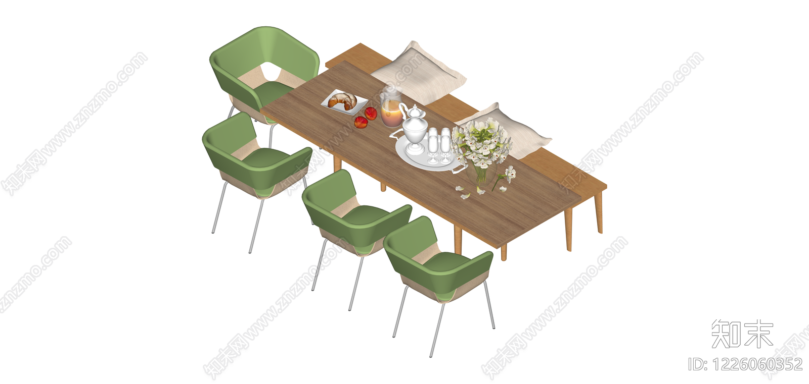 绿色布艺餐桌椅组合SU模型下载【ID:1226060352】