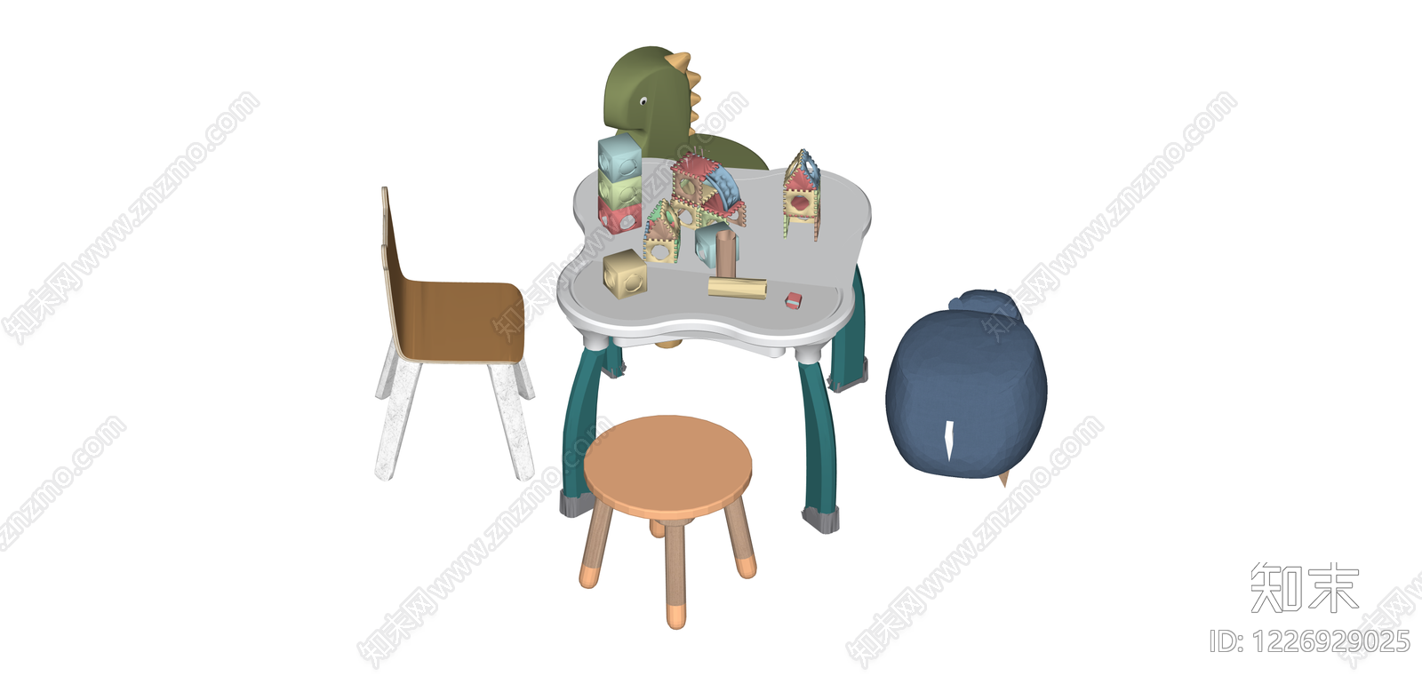 儿童桌椅及凳子组合SU模型下载【ID:1226929025】