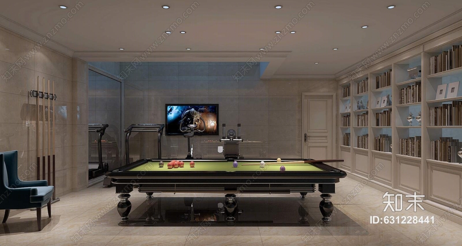 简欧地下娱乐室台球桌休闲椅跑步机3D模型下载【ID:631228441】